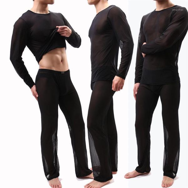 

men's tracksuit spring summer slim fits transparent suit for male mesh long sleeve undershirts+pant man soft casual clothes1, Black;brown