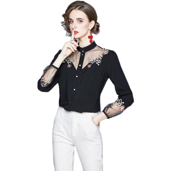 

runway flower embroidery shirt women fashion stand collar single breasted transparent see through office ladies blouses top, White