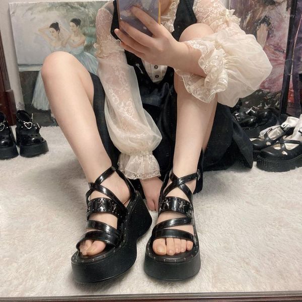 

dress shoes lolita japan kawaii star rivet women sandals black gothic leather high heels platform casual roman summer 20211