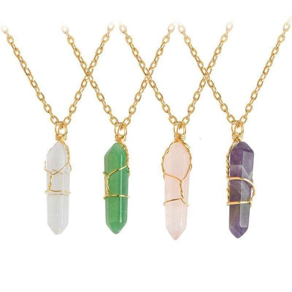 

point hexagon shape chakra pendants natural stone healing necklaces with gold chain for women jewelry