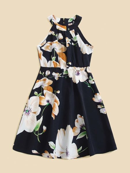 

toddler girls 1pc floral print halter neck chiffon dress she, Red;yellow