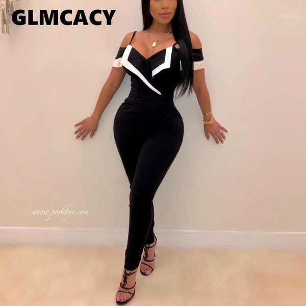 

women spaghetti strap off shoulder jumpsuit elegant color block bodycon long overalls jumpsuit summer fall streetwear clubwear1, Black;white