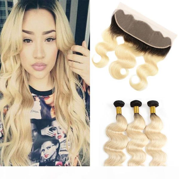 

brazilian blonde hair weave with 13x4 lace frontal closure 1b 613# ombre body wave remy human hair bundles with lace band frontal, Black