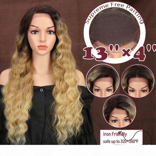 

synthetic lace front wigs ombre blonde brown dark roots 30 inch loose wavy wig for women middle part lolita classic plus, Black