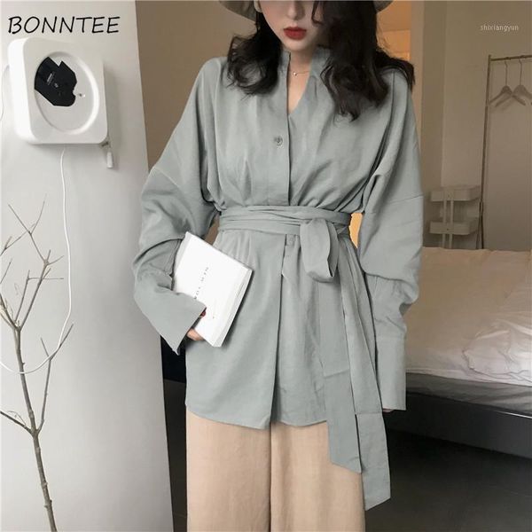 

shirts women v-neck sashes simple solid elegant all-match leisure female long sleeve womens 2020 chic blouses daily1, White