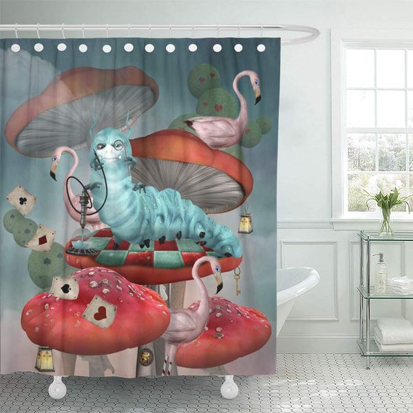

waterproof decorative wonderland series smokes hookah on mushroom bathroom curtain