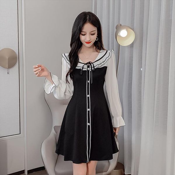 

kawaii mini dress women patchwork lace up black spell color sweet ladies dresses a line winter autumn elegant dress long sleeve, Black;gray