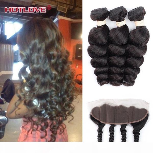 

malaysian loose wave with closure frontal 3 bundles malaysian virgin hair with ear to ear closure full loose human hair with bundle weft, Black;brown