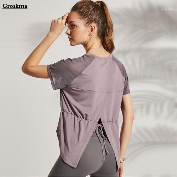 

yoga outfits back split women quick dry shirt patchwork mesh sleeve drawstring fitness gym t womens sports running smock1, White;red