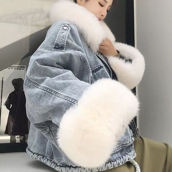 

women winter velvet thick denim jacket female winter big fur collar korean locomotive lamb coat female student short coat, Black;brown
