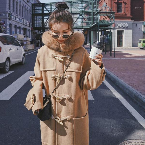 

2020 winter new big fur collar horn buckle woolen mid-length ladies coat thick korean loose woolen coat1, Black