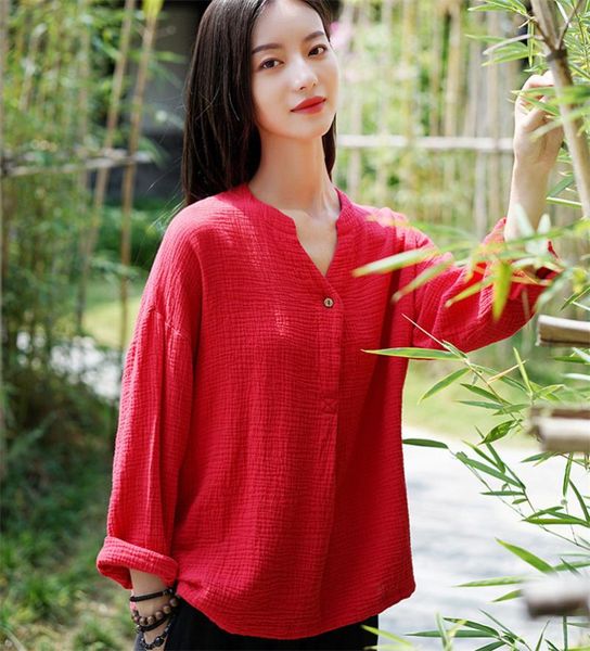 

women summer cotton blouses autumn long sleeves shirts casual loose v neck button solid shirt soft blouse plus size -7xl 8xl, White