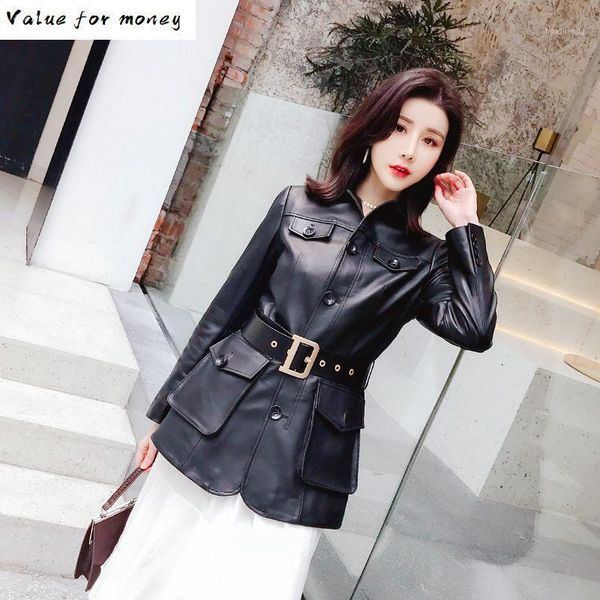 

leather genuine jacket women winter 100% real sheepskin coat female chaquetas mujer 2020 korean montone coats and jackets 91021, Black