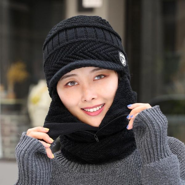 

beanie/skull caps women's velvet knit hats lady winter fashion hat with mask wool beanies bib female outdoor windproof skullies, Blue;gray