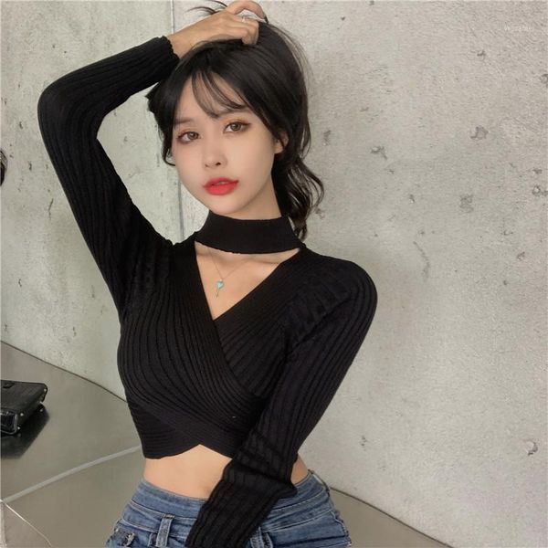 

design sense cross v-neck halter neck short long-sleeved knit sweater women autumn tight-fitting undershirt sweater1, White;black