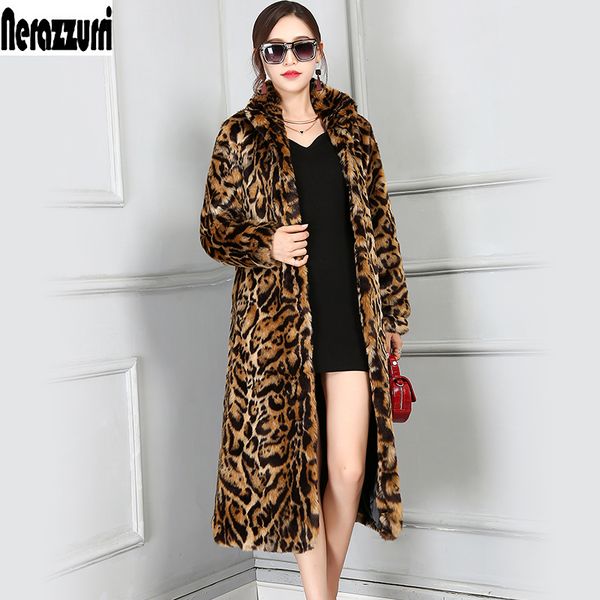 

nerazzurri europe fashion x-long faux fur leopard coat women long sleeve female winter overcoat plus size 5xl 6xl lj201202, Black