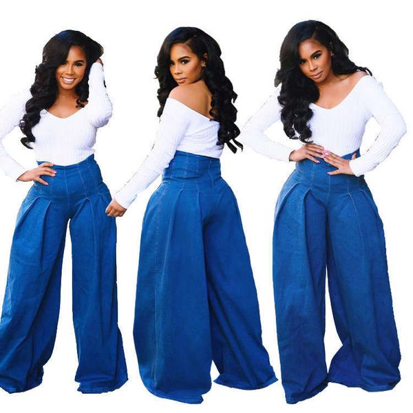 

yw0318 women's wide waist pleated pants, Blue