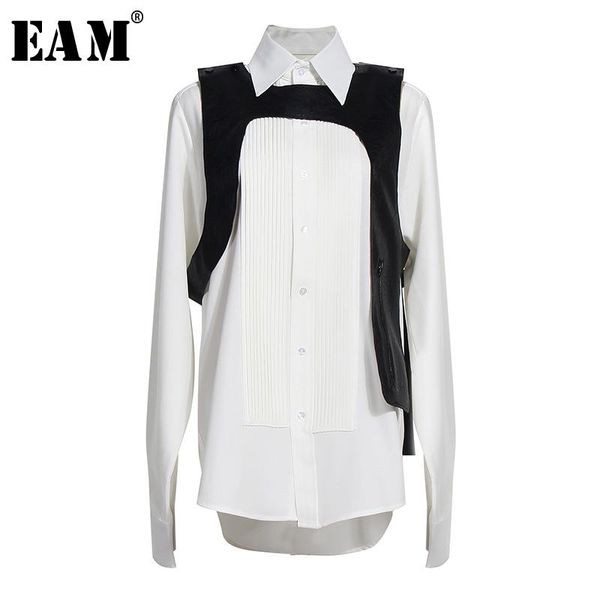 

[eam] women pu leather belt pleated big size blouse new lapel long sleeve loose fit shirt fashion tide spring summer 2020 1u316, White