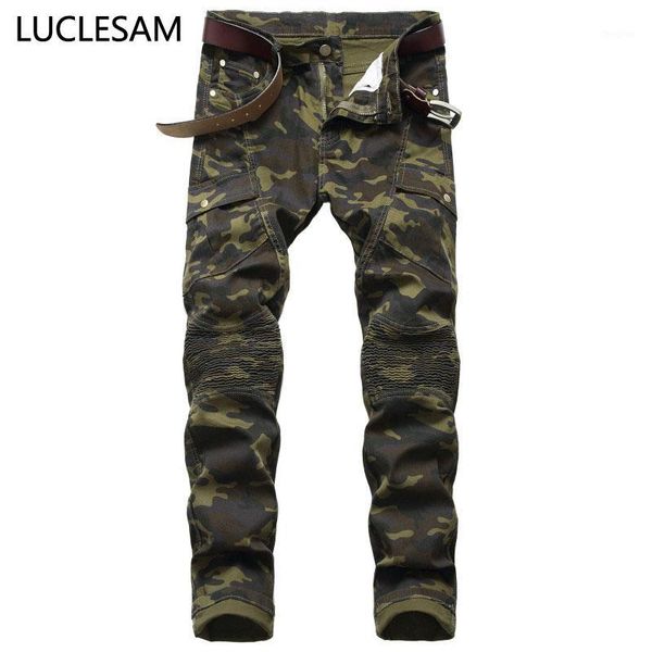 

straight camouflage pleated mens jeans stretch punk jeans skinny multi-pocket for men streetwear motorcycle denim trousers1, Blue