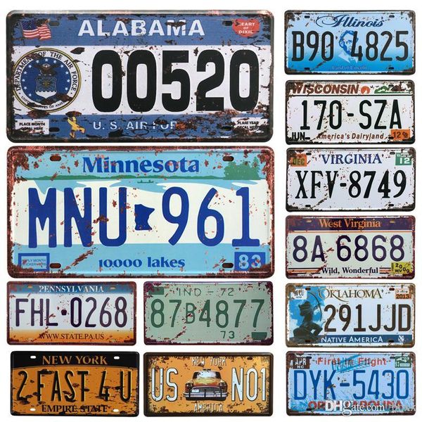 

2021 usa vintage car license metal plates car number tin signs bar pub cafe decor metal sign garage painting plaque wall sticker carfts