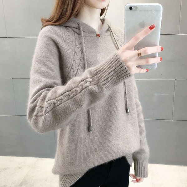 

autumn and winter new lazy wind loose pullover coat 2020 women's solid long sleeve hooded knitted sweater, White;black