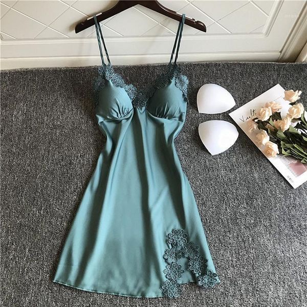 

2020 women nightgowns sleepshirts silk nightshirts sleepwear satin spaghetti strap nightdress lace nightwear1, Black;red