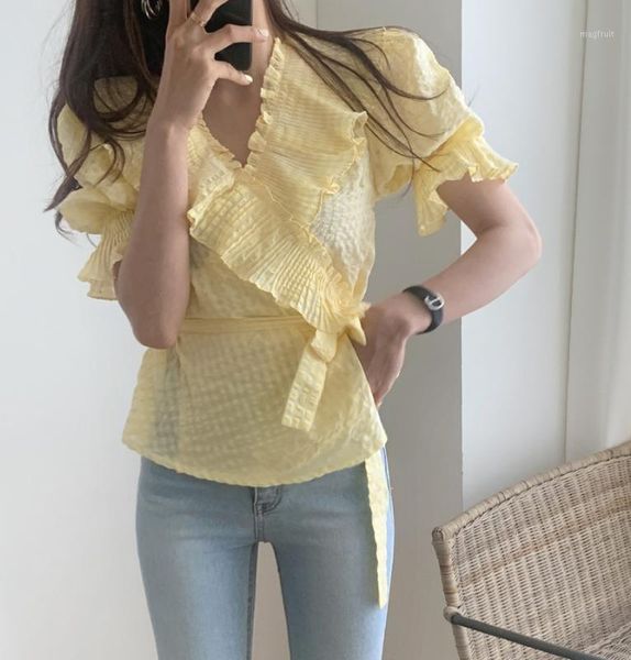 

women vintage white blouses 2020 new summer korean style elegant v-neck solid chiffon shirt women puff sleeve loose 1