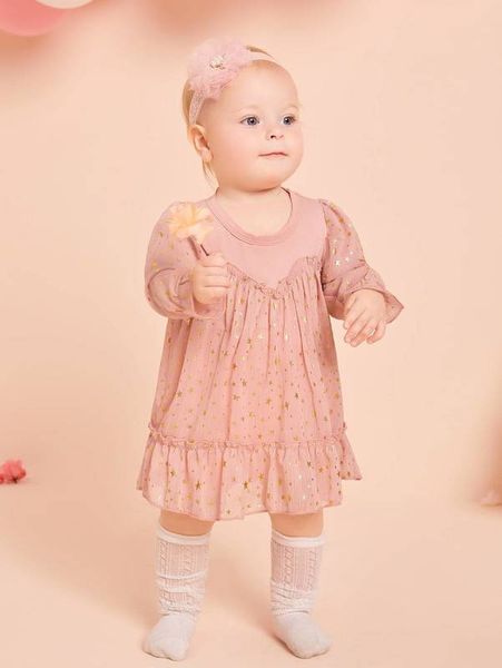 

baby gold star print frill trim dress she, Red;yellow