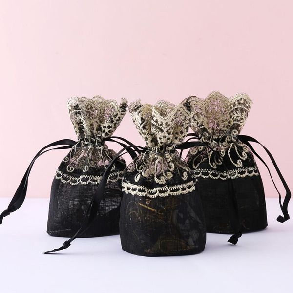 

gift wrap 6/12/24pcs black gold flower lace bag 10x14cm ornaments receive polyester drawstring mouth jewelry wedding candy