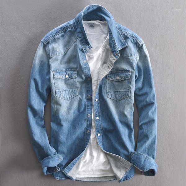 

2020 spring men simple solid color long sleeve denim shirts male vintage slim cotton casual cargo jeans shirt camiseta masculina1, White;black