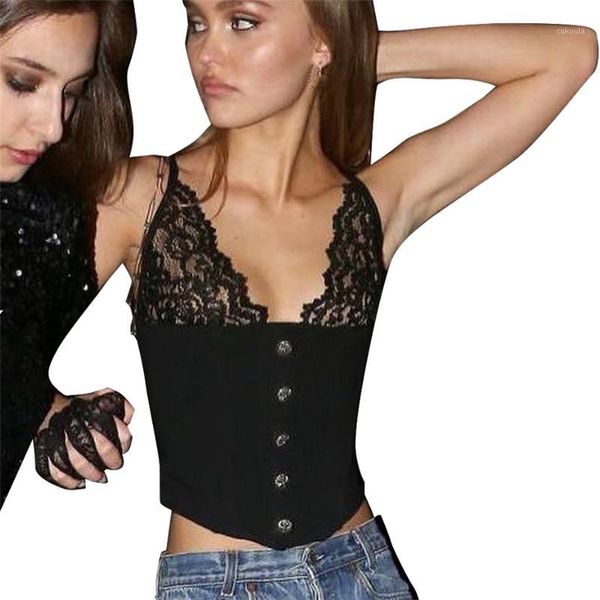 

new women summer lace button camis lady solid tank stitching single-breasted v neck vest tanks wear out camisole 20191, White