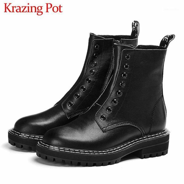 

krazing pot preppy style fashion rivets cow leather boots round toe med heels solid side zip winter daily wear ankle boots l261, Black