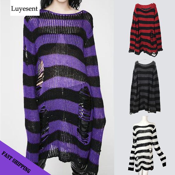 

plus size gothic sweater women loose bewinter long pullover striped hole rock hip-hop sweaters knit jumpers sweter mujer c1121, White;black