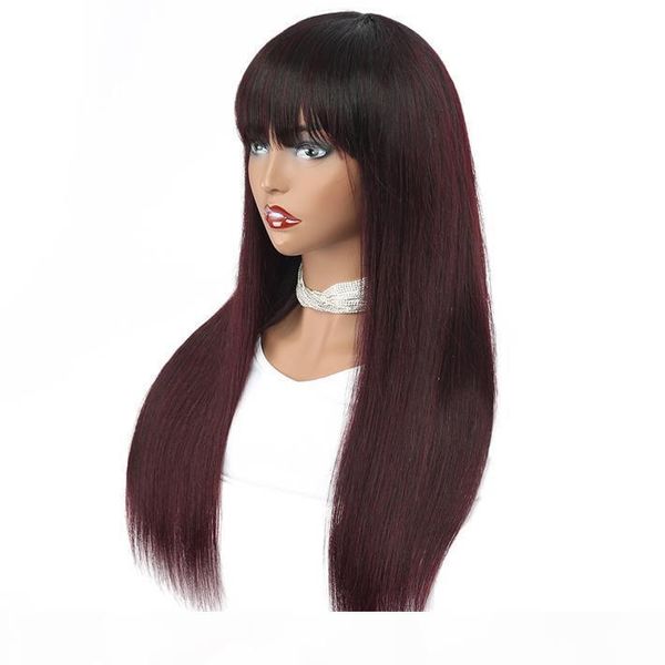 

1b 99j ombre wigs burgundy straight human hair raw indian remy glueless wig with front bang for black women wine red colored non lace wig, Black;brown