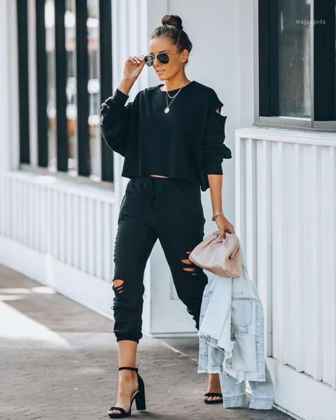 

two piece set tracksuit autumn winter hole style solid hoodie pockets long pants sweatwear sportwear suit for women1, Gray