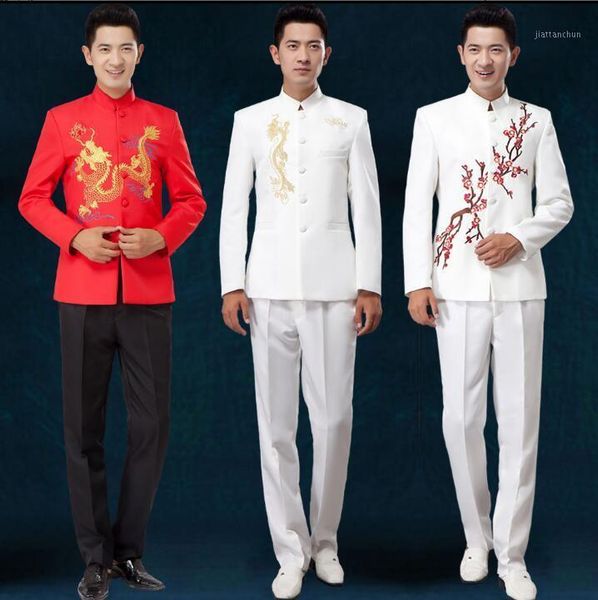 

2020 new arrival chinese tunic suit men suit set with pants mens suits wedding groom formal dress + pant stage stand collar1, White;black