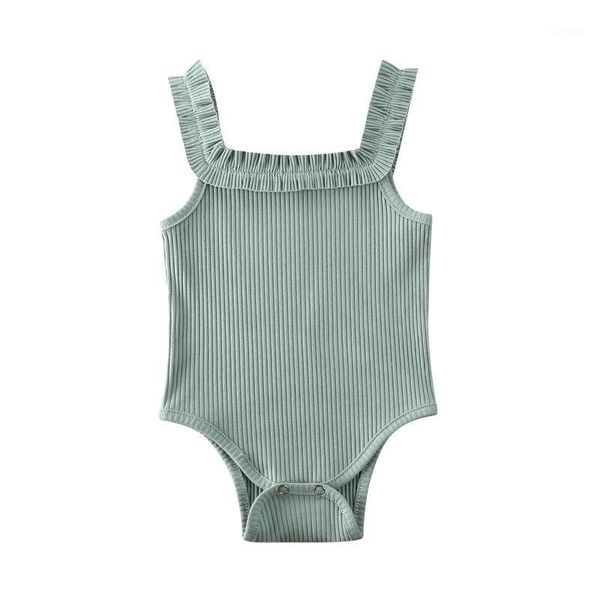 

jumpsuits 2021 baby girls boys bodysuits summer clothing bown sleeveless ribbed ruffled solid playsuits 3m-24m1, Blue