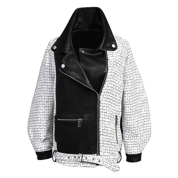 

women's jackets patchwork pu for women lapel long sleeve plaid hit color loose streetwear coats female 2021 autumn clothing d010, Black;brown
