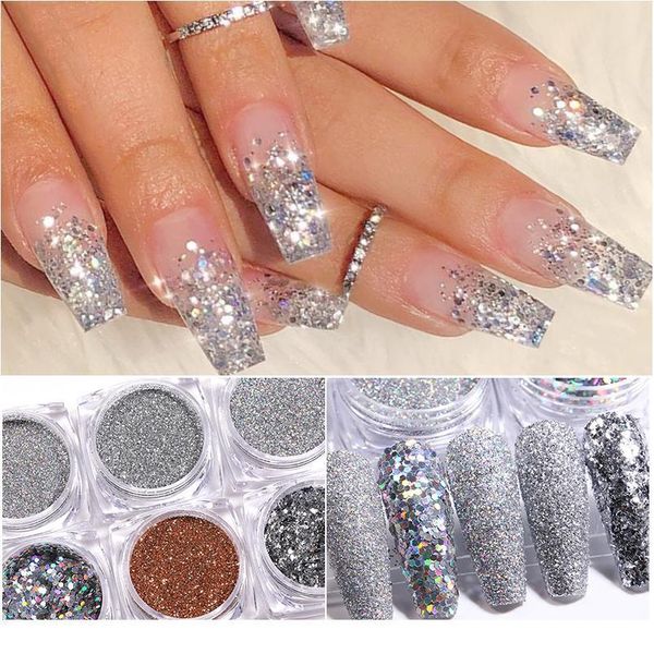 

6 boxes silver holographics nail glitter set colorful series nail sequins polish flakes manicuring slice palliet jllhrn, Silver;gold