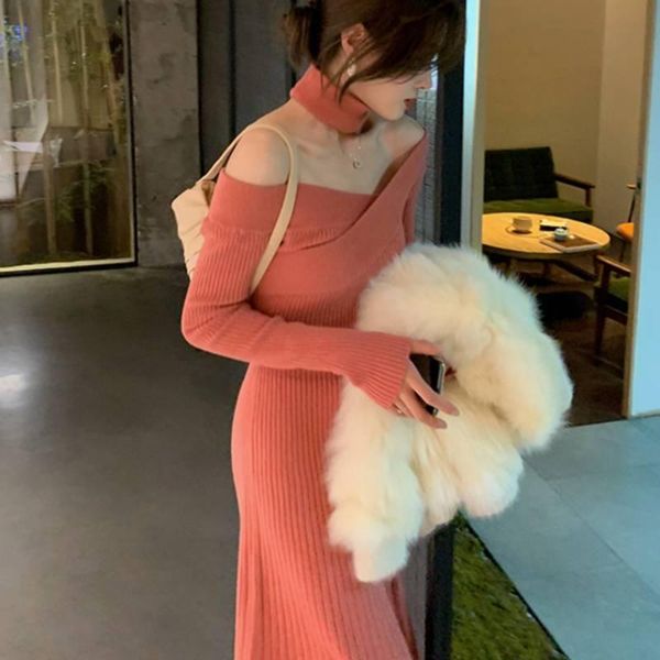 

winter knitted one-piece dress korean casual long sleeve office sweater dress female 2021 solid slim elegant knitted women, Black;gray