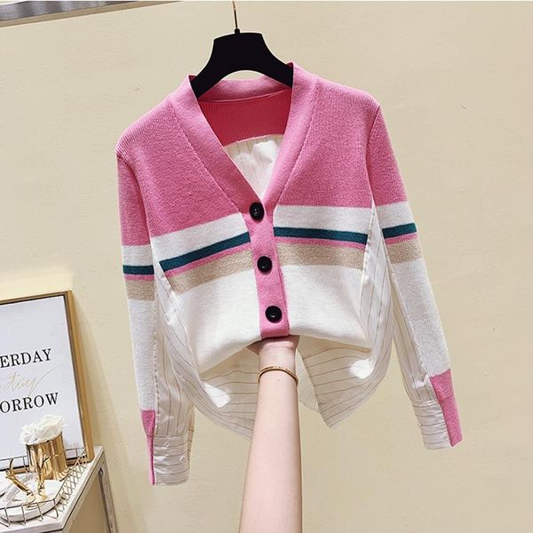 

autumn 2020 new style knitted striped shirt women loosev neck cardigan full sweaters, White