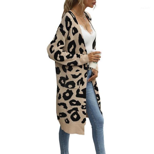 

women sweater casual long-sleeved cardigan personality leopard print jacquard v-neck mid-length coat lady knitting sweater1, White