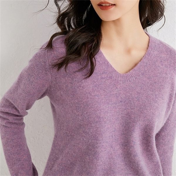 

v-neck soft women sweaters 100% cashmere and wool knitting pullovers long sleeve female fashion 5colors jumpers 201221, White;black