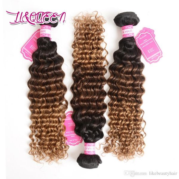 

brazilian human hair 1b 4 27 ombre deep wave virgin hair 3pcs lot three tone hair weft double weft beauty weaves, Black;brown
