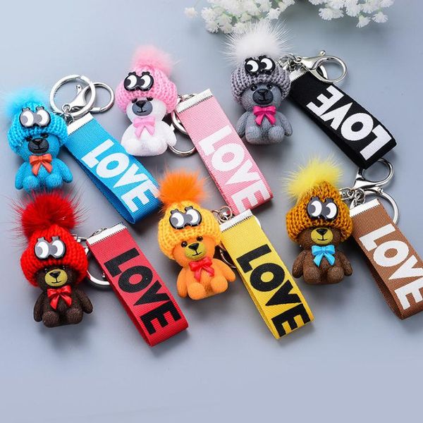 6 Cores Bonito Bear Keyring Pulseira Chaveiro Moda Mulheres Meninas Meninas Homens Urso de Peluche com Chapéu Design Pingente Chaveiro Para Chaves Do Carro