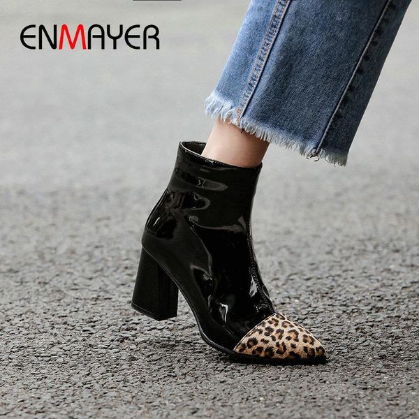 

boots enmayer 2021 ankle for women pointed toe slip-on patent leather hoof heels winter patchwork faux suede slim 34-43, Black