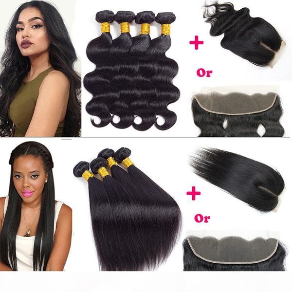 

malaysian body wave straight hair bundles with 4x4 lace closure and 13x4 ear to ear lace frontal brazilain virgin wet and wary hair, Black;brown