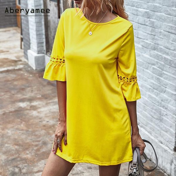 

aberyamee casual women dresses half flare sleeve solid mini party dress hollow out ladies vestidos1, White;black