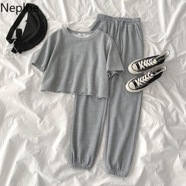 

neploe women two piece outfits sweatsuit short sleev eo-neck + lace up stretch high waist harem long pants korean set 4b8261, Gray