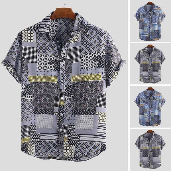

2020 men printed shirt loose short sleeve vacation ethnic breathable casual beach camisa masculina street hawaiian shirts1, White;black